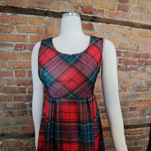 Vintage 1970s Plaid Dress Polyester Red Green White Maxi Empire Waist  Size 9 - Picture 2 of 7